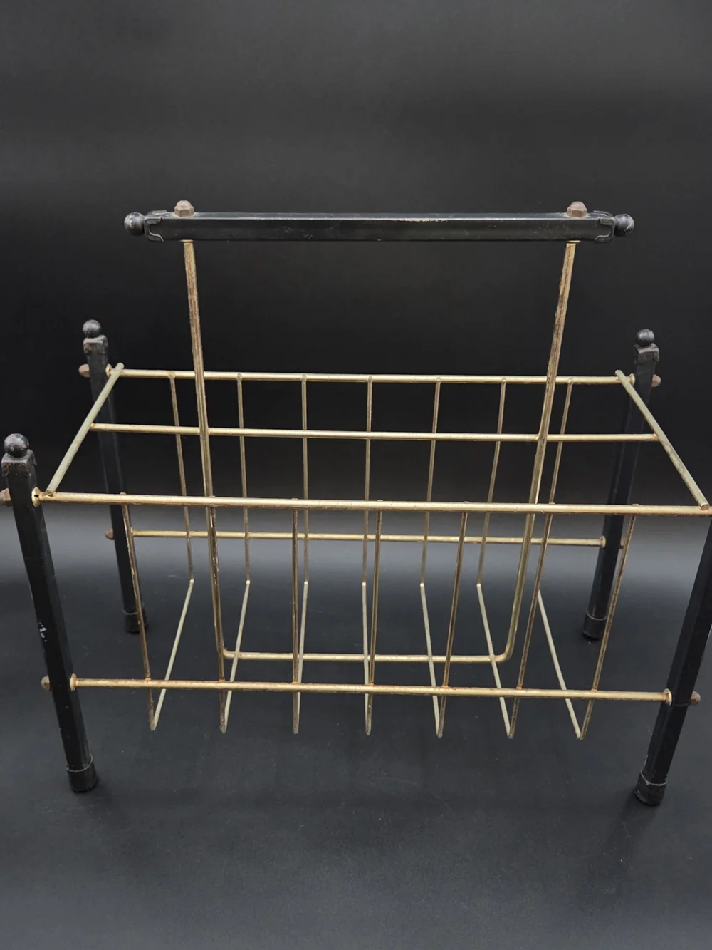 Vintage MCM Minimalist Gilt Brass Cage Rustic Iron Frame Design Magazine Rack
